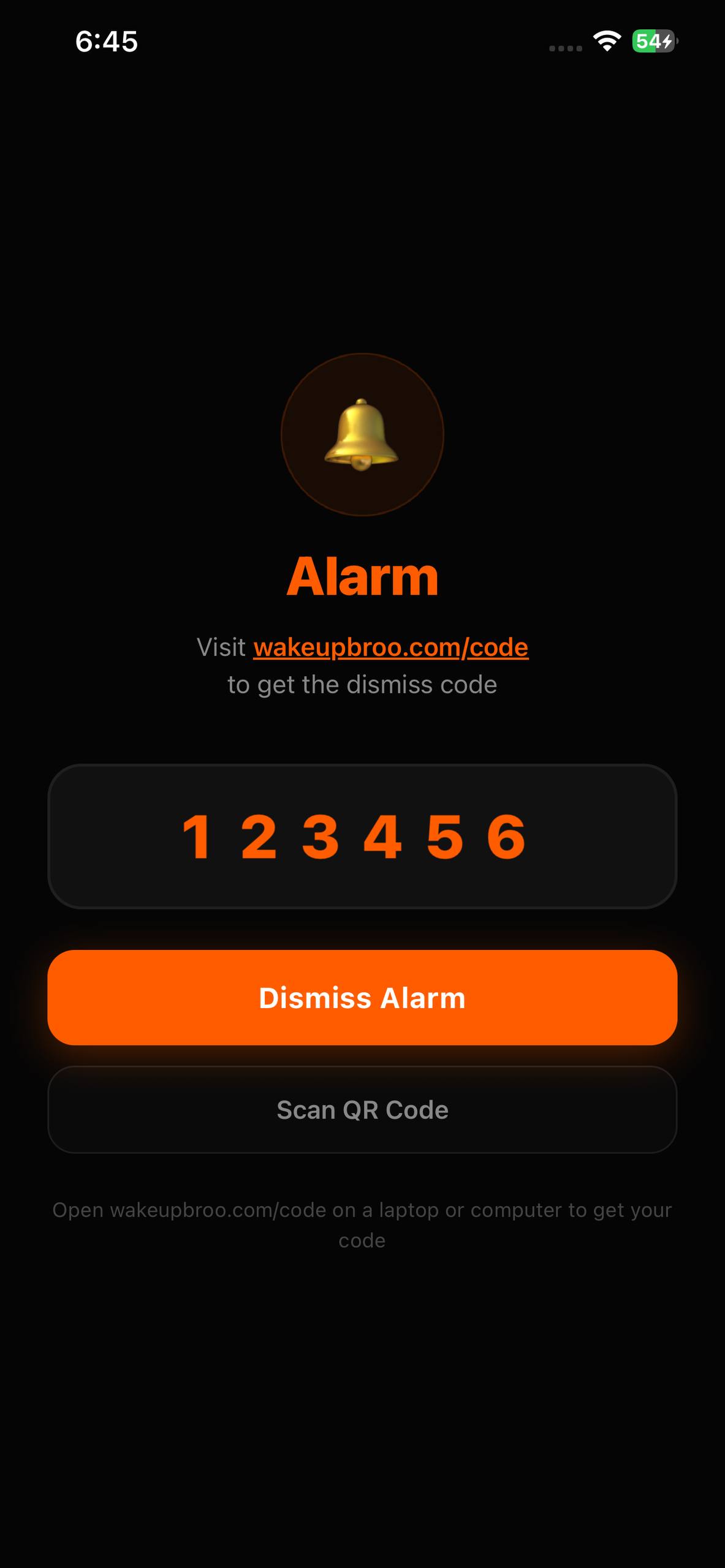 The WakeUpBroo dismiss code typed into the alarm screen, ready to silence the alarm.