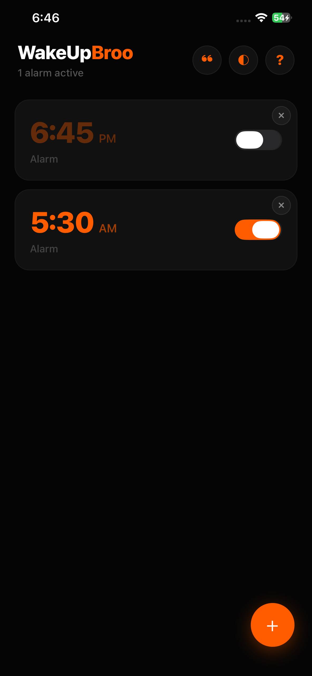 The WakeUpBroo alarm list on an iPhone, showing two saved alarms with on/off toggles.