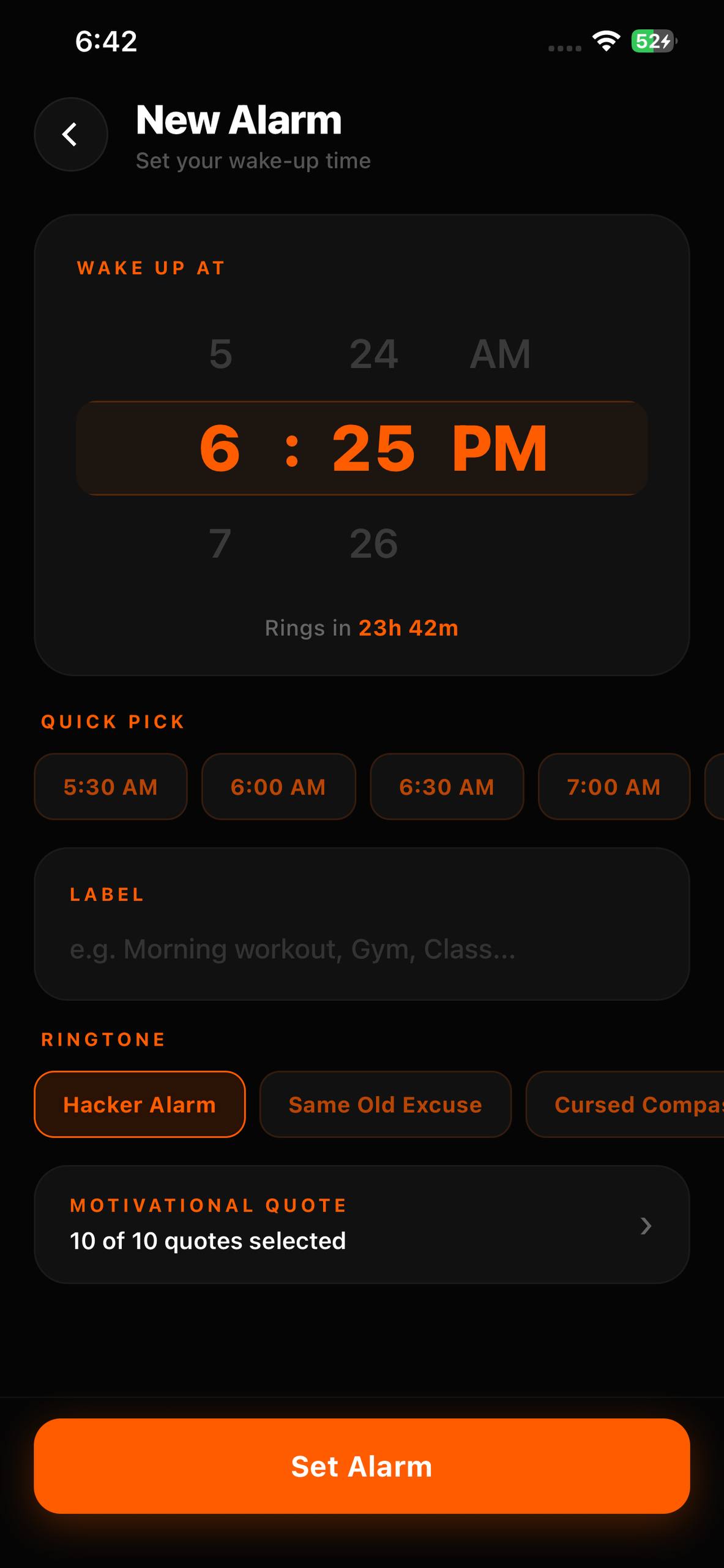 WakeUpBroo New Alarm screen with a time picker, quick picks, label field and ringtone options.